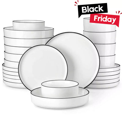 MALACASA Leah 24-Piece Porcelain Dinnerware Set – Designed for 6, this set includes Plates, Pasta Bowls, and Cereal Bowls. Boasts a modern design with streamlined, sophisticated lines - Black Trim#color_black-trim