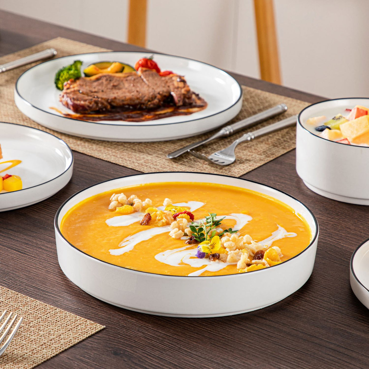 MALACASA Leah 24 piece porcelain dinnerware set for 6 with black trim, raised base#color_black-trim