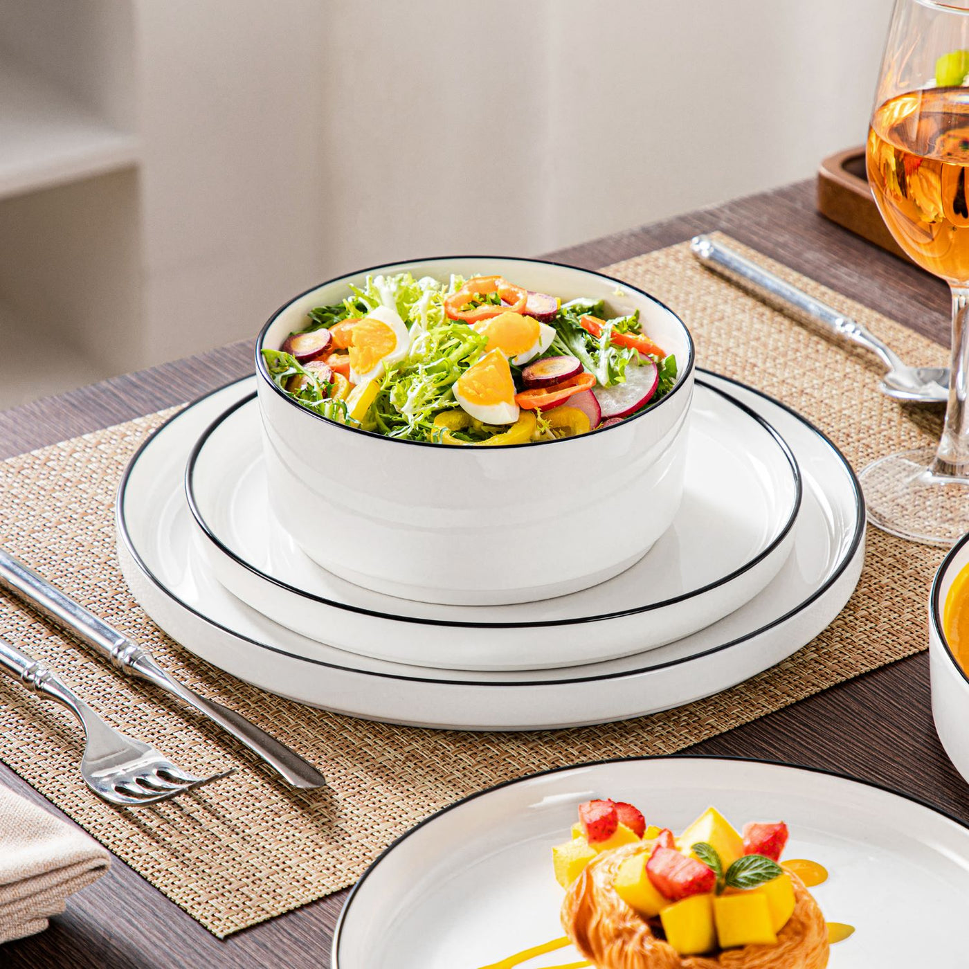 MALACASA Leah 24 piece porcelain dinnerware set for 6 with black trim, raised base#color_black-trim