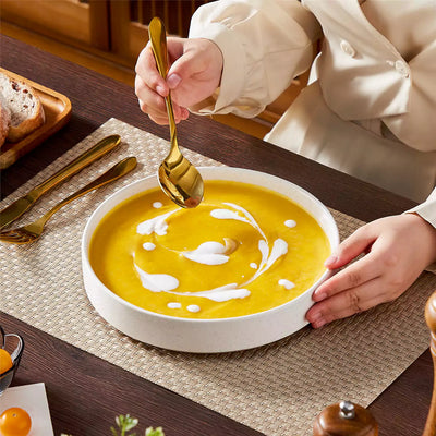 Leah 4-piece stoneware pasta bowls set with speckled glaze, non-slip bases, microwave, oven, and dishwasher safe, available in ivory and multicolor.#color_white