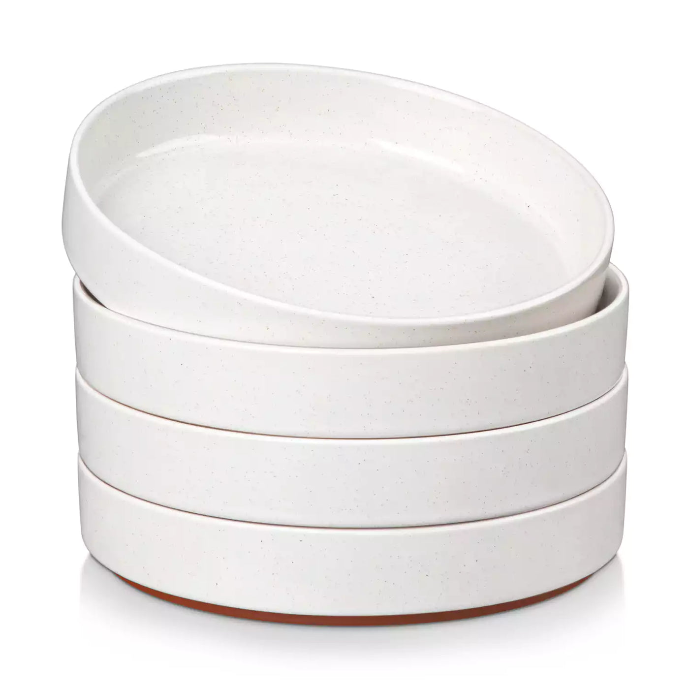 Leah 4-piece stoneware pasta bowls set with speckled glaze, non-slip bases, microwave, oven, and dishwasher safe, available in ivory and multicolor.#color_white