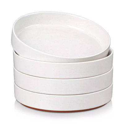 Leah 4-piece stoneware pasta bowls set with speckled glaze, non-slip bases, microwave, oven, and dishwasher safe, available in ivory and multicolor.#color_white