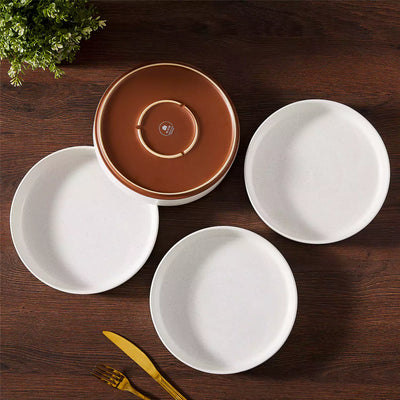 Leah 4-piece stoneware pasta bowls set with speckled glaze, non-slip bases, microwave, oven, and dishwasher safe, available in ivory and multicolor.#color_white
