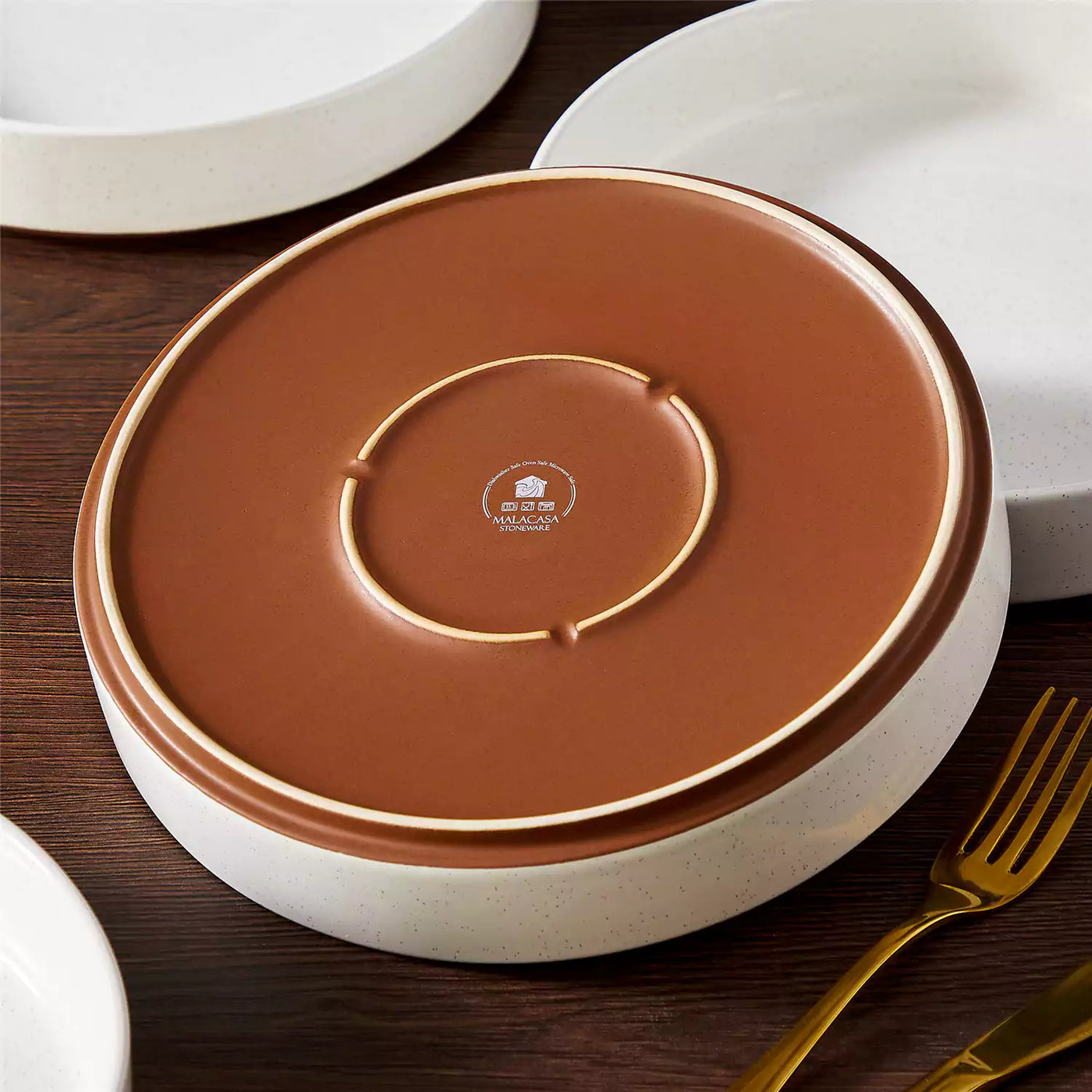 Leah 4-piece stoneware pasta bowls set with speckled glaze, non-slip bases, microwave, oven, and dishwasher safe, available in ivory and multicolor.#color_white