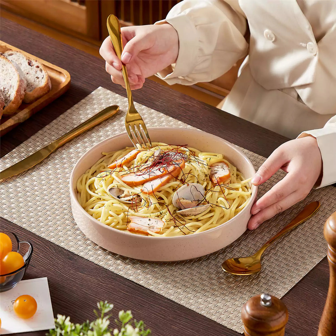 Leah 4-piece stoneware pasta bowls set with speckled glaze, non-slip bases, microwave, oven, and dishwasher safe, available in ivory and multicolor.#color_multicolor