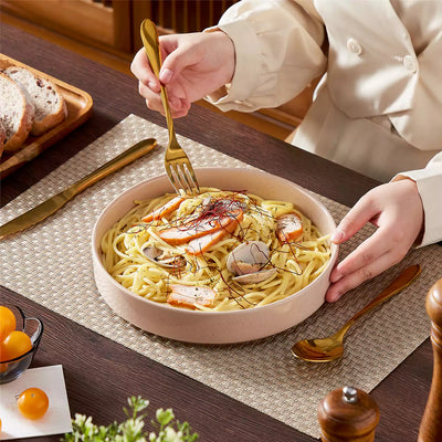 Leah 4-piece stoneware pasta bowls set with speckled glaze, non-slip bases, microwave, oven, and dishwasher safe, available in ivory and multicolor.#color_multicolor