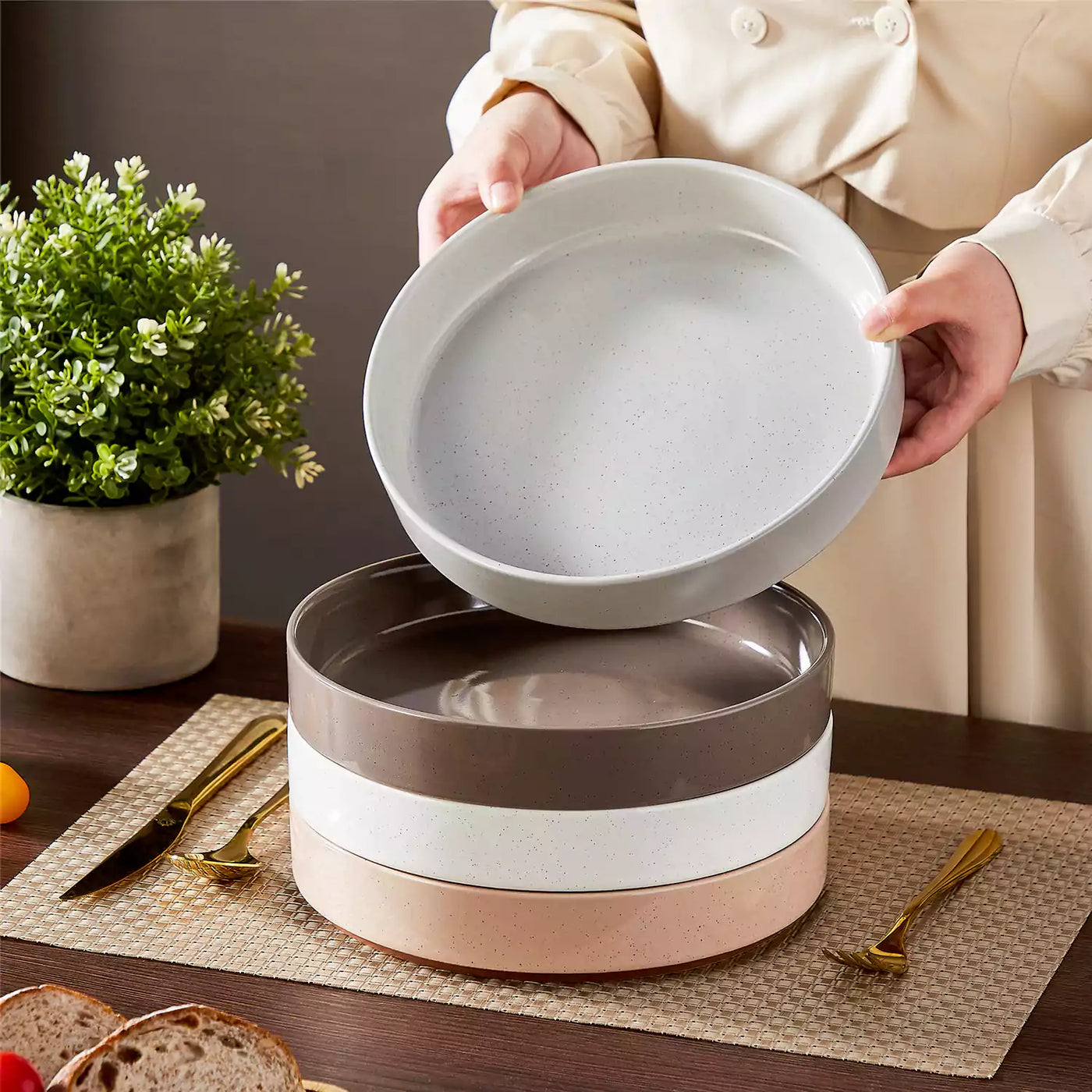 Leah 4-piece stoneware pasta bowls set with speckled glaze, non-slip bases, microwave, oven, and dishwasher safe, available in ivory and multicolor.#color_multicolor