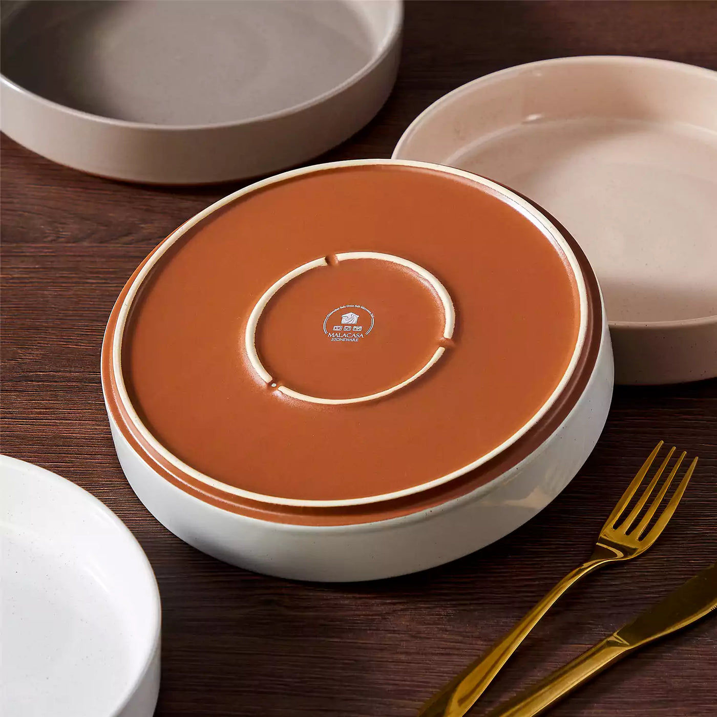 Leah 4-piece stoneware pasta bowls set with speckled glaze, non-slip bases, microwave, oven, and dishwasher safe, available in ivory and multicolor.#color_multicolor