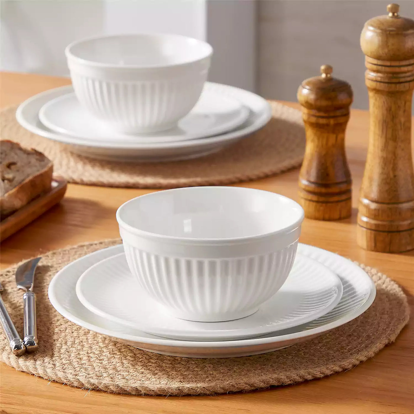 Leila Porcelain Dinnerware Set with Ribbed Design, 4-Person - Ivory White#color_ivory-white