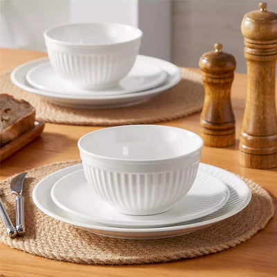 Leila Porcelain Dinnerware Set with Ribbed Design, 4-Person - Ivory White#color_ivory-white
