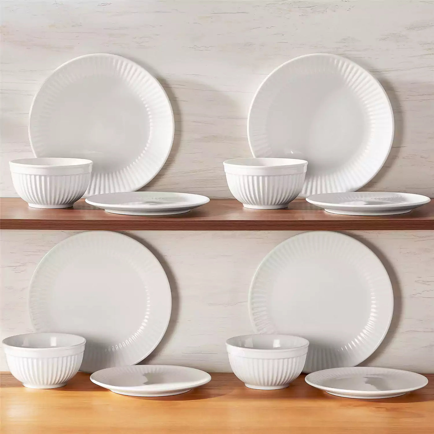 Leila Porcelain Dinnerware Set with Ribbed Design, 4-Person - Ivory White#color_ivory-white
