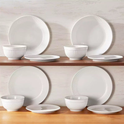 Leila Porcelain Dinnerware Set with Ribbed Design, 4-Person - Ivory White#color_ivory-white