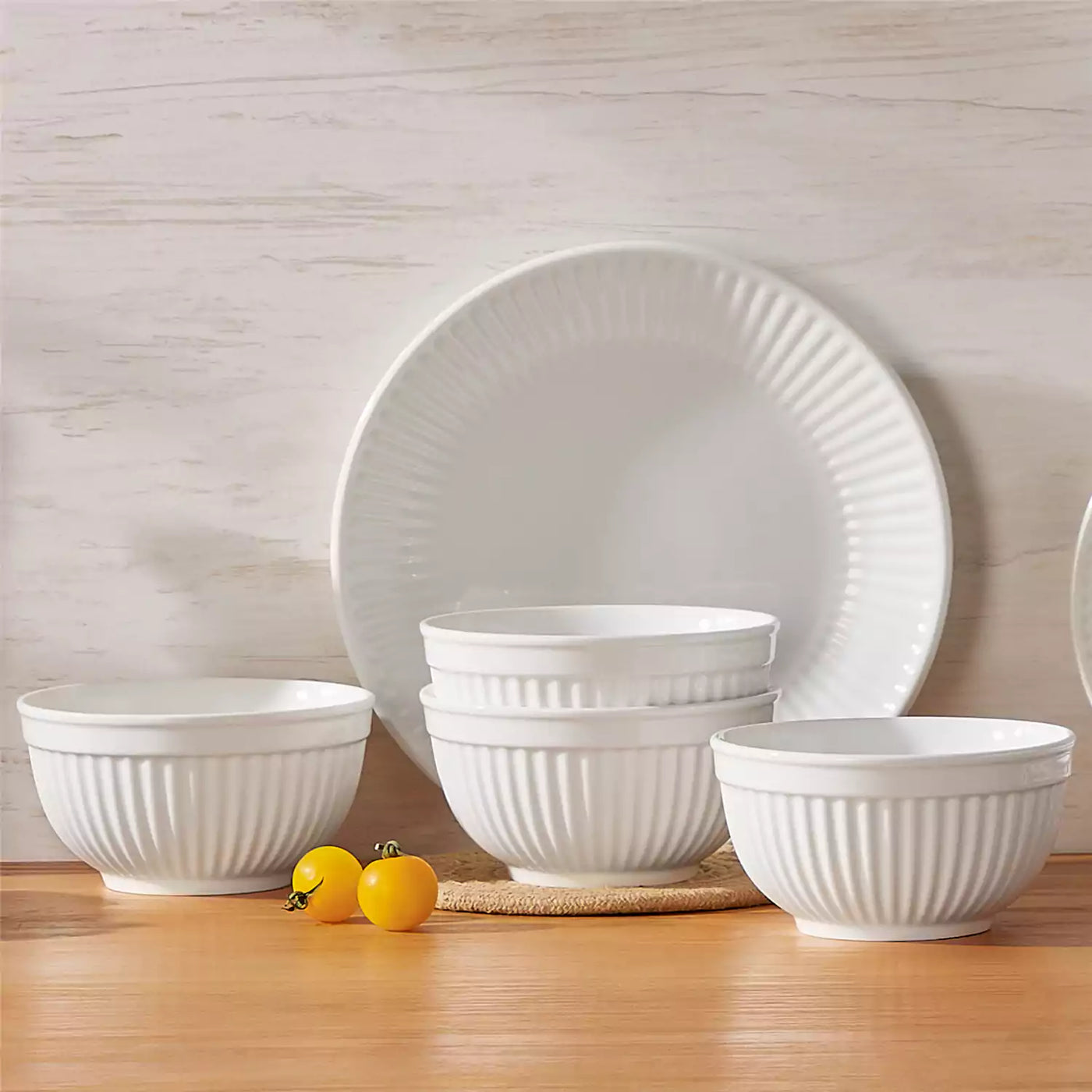 Leila Porcelain Dinnerware Set with Ribbed Design, 4-Person - Ivory White#color_ivory-white