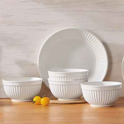 Leila Porcelain Dinnerware Set with Ribbed Design, 4-Person - Ivory White#color_ivory-white