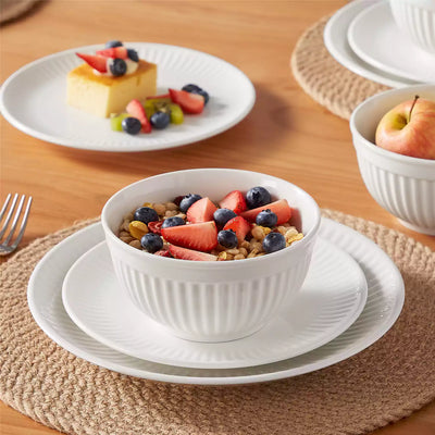 Leila Porcelain Dinnerware Set with Ribbed Design, 4-Person - Ivory White#color_ivory-white
