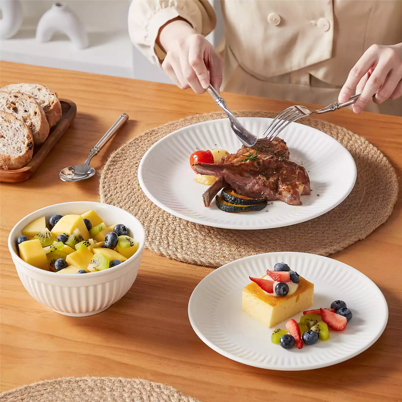 Leila Porcelain Dinnerware Set with Ribbed Design, 4-Person - Ivory White#color_ivory-white