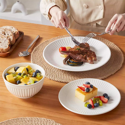 Leila Porcelain Dinnerware Set with Ribbed Design, 4-Person - Ivory White#color_ivory-white