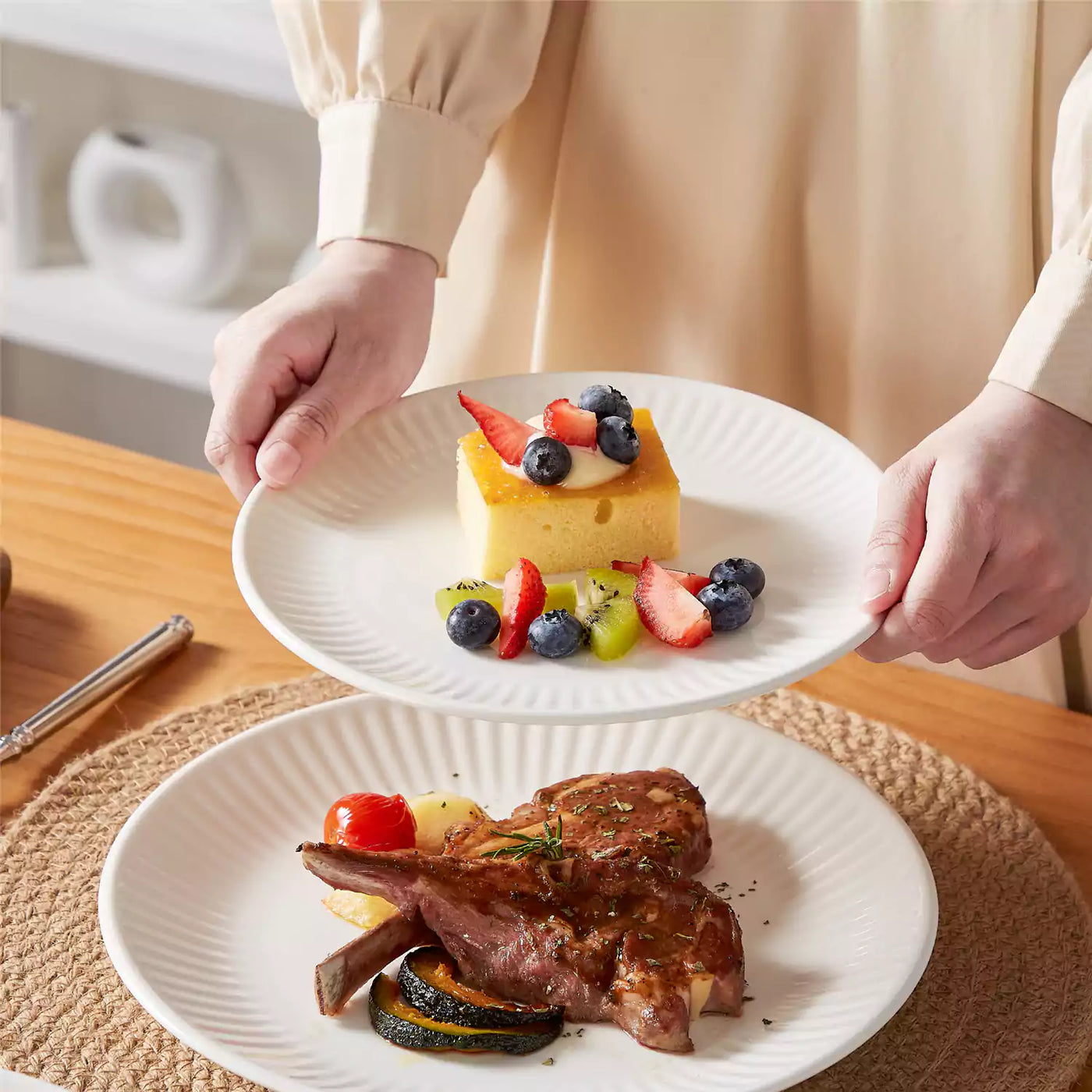 Leila Porcelain Dinnerware Set with Ribbed Design, 4-Person - Ivory White#color_ivory-white