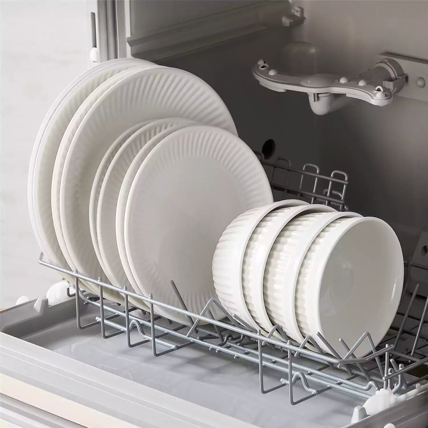 Leila Porcelain Dinnerware Set with Ribbed Design, 4-Person - Ivory White#color_ivory-white