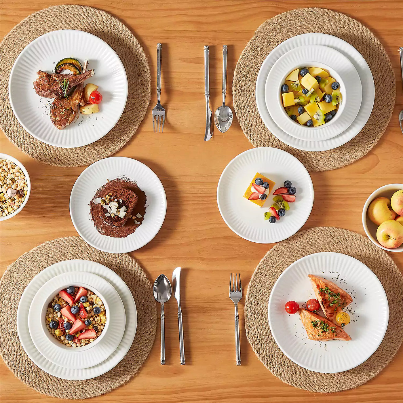 Leila Porcelain Dinnerware Set with Ribbed Design, 4-Person - Ivory White#color_ivory-white