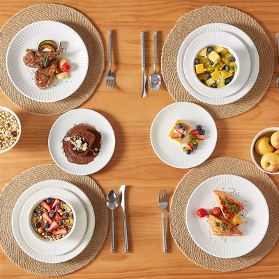 Leila Porcelain Dinnerware Set with Ribbed Design, 4-Person - Ivory White#color_ivory-white