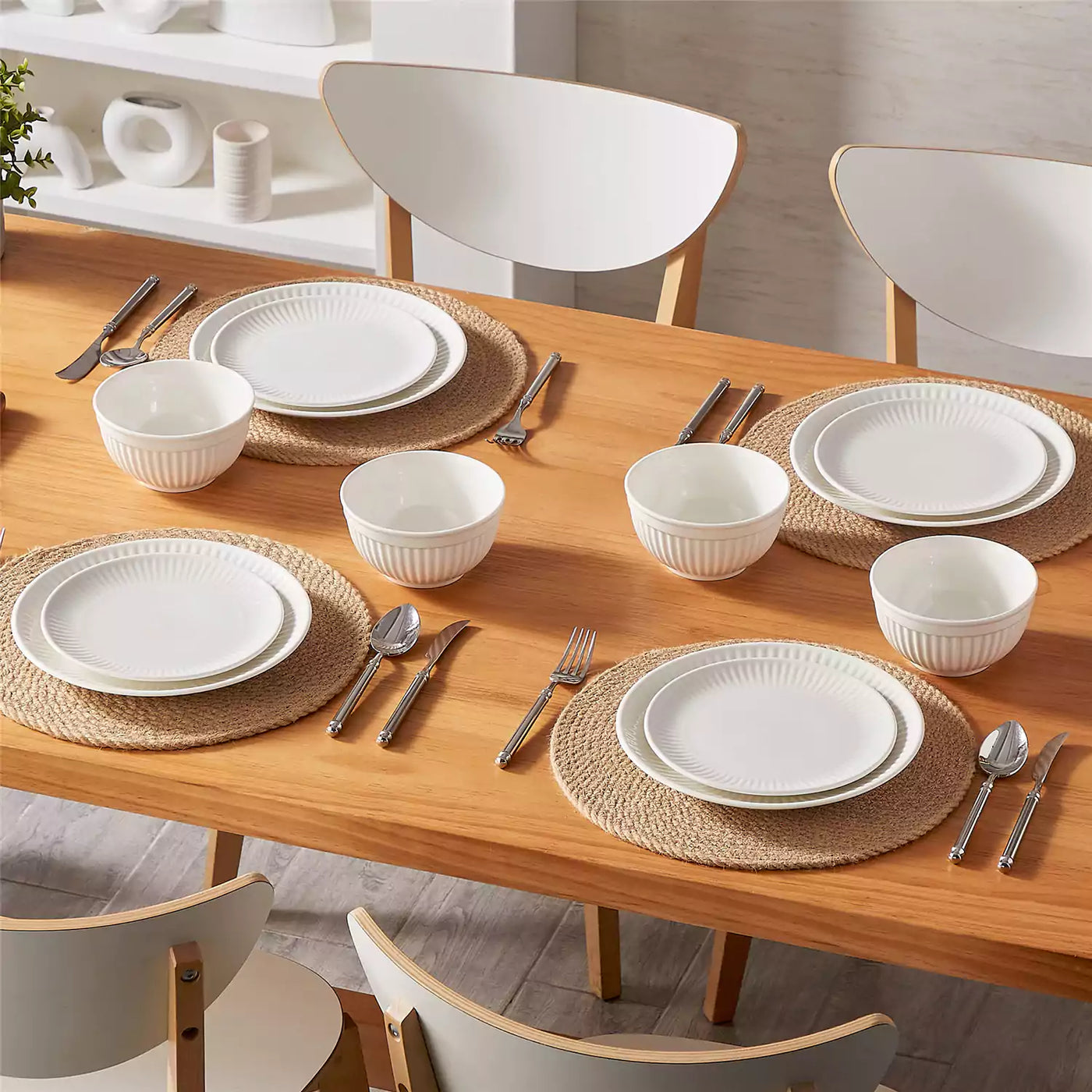Leila Porcelain Dinnerware Set with Ribbed Design, 4-Person - Ivory White#color_ivory-white