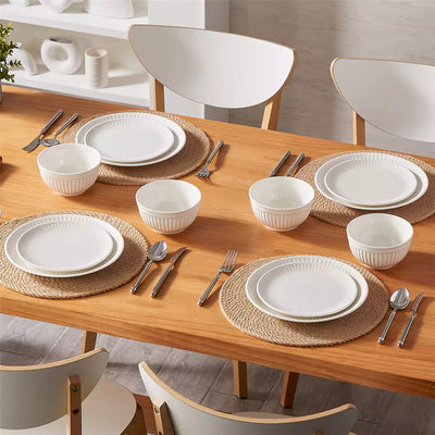 Leila Porcelain Dinnerware Set with Ribbed Design, 4-Person - Ivory White#color_ivory-white