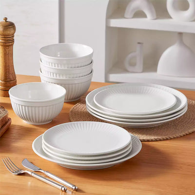 Leila Porcelain Dinnerware Set with Ribbed Design, 4-Person - Ivory White#color_ivory-white