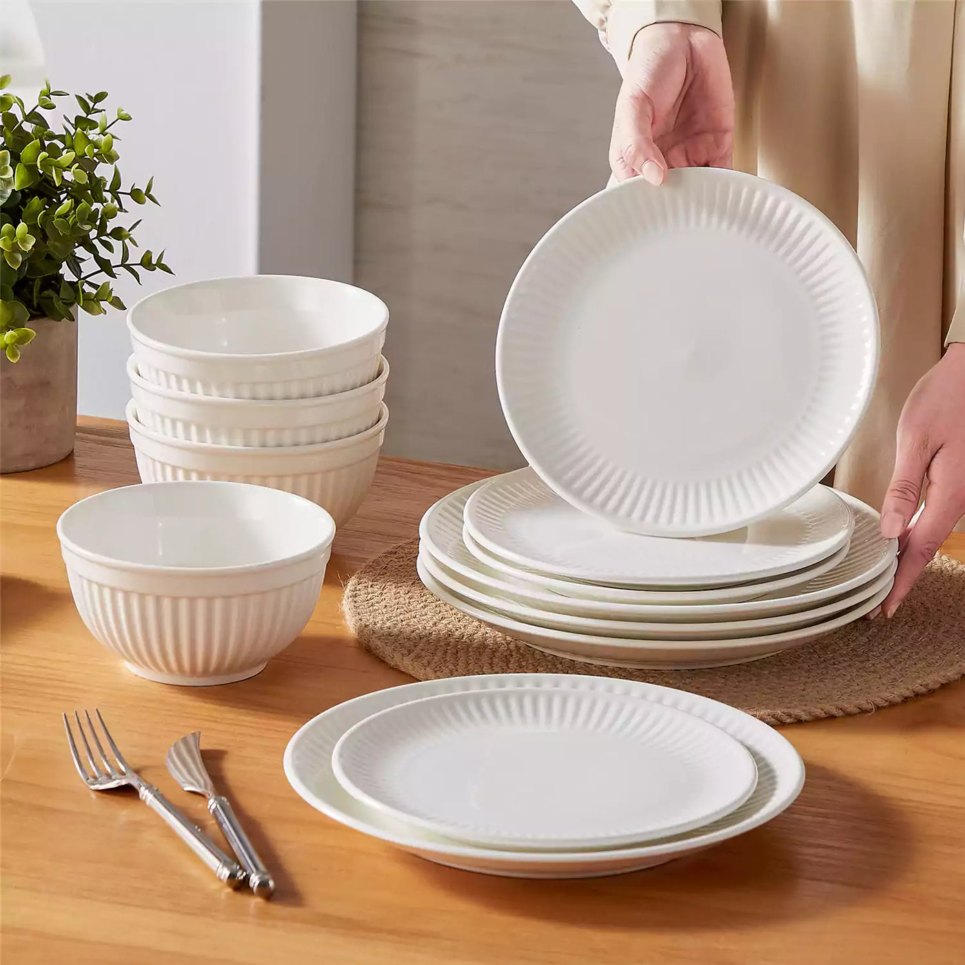 Leila Porcelain Dinnerware Set with Ribbed Design, 4-Person - Ivory White#color_ivory-white