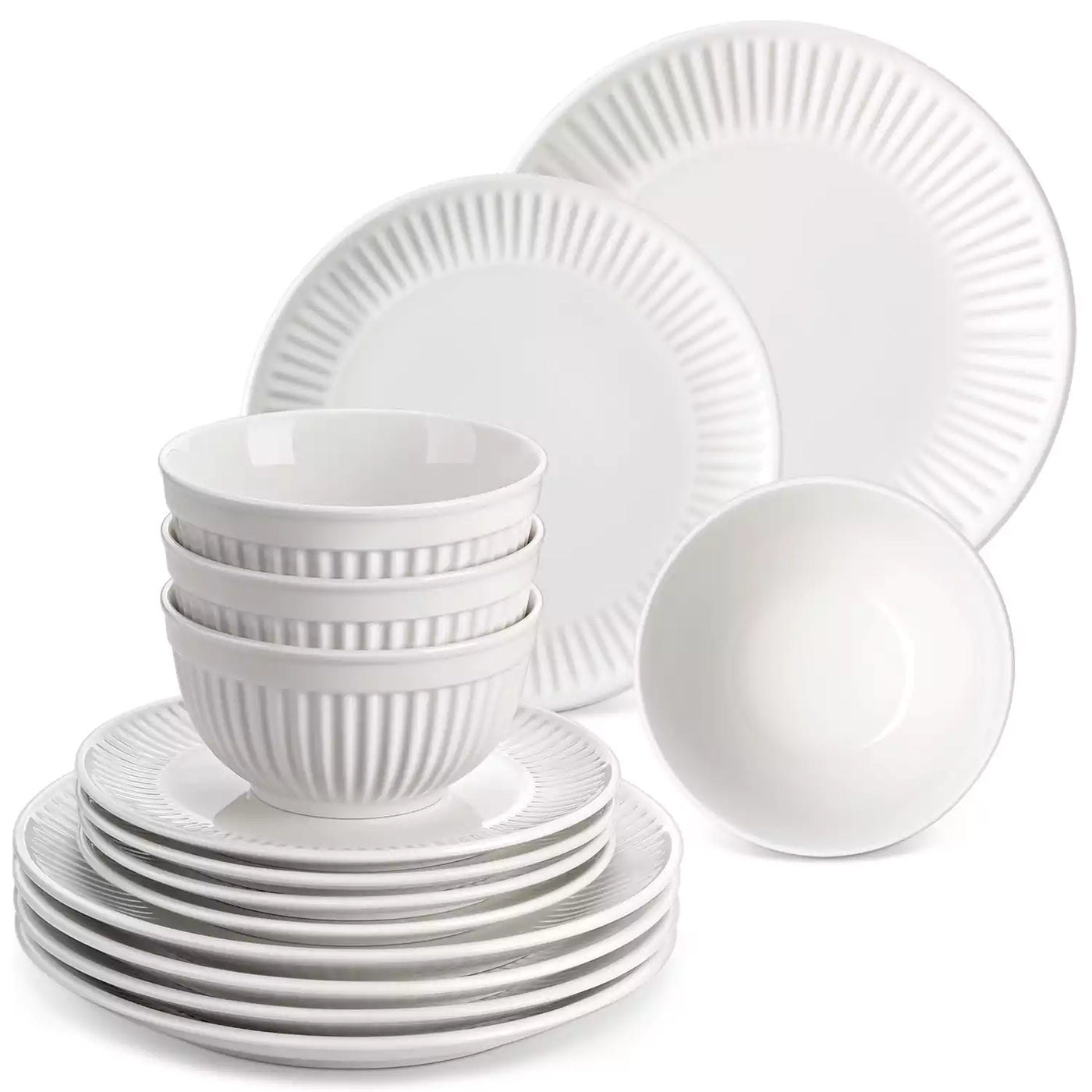 Leila Porcelain Dinnerware Set with Ribbed Design, 4-Person - Ivory White#color_ivory-white