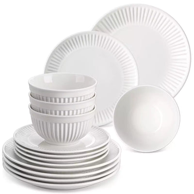 Leila Porcelain Dinnerware Set with Ribbed Design, 4-Person - Ivory White#color_ivory-white