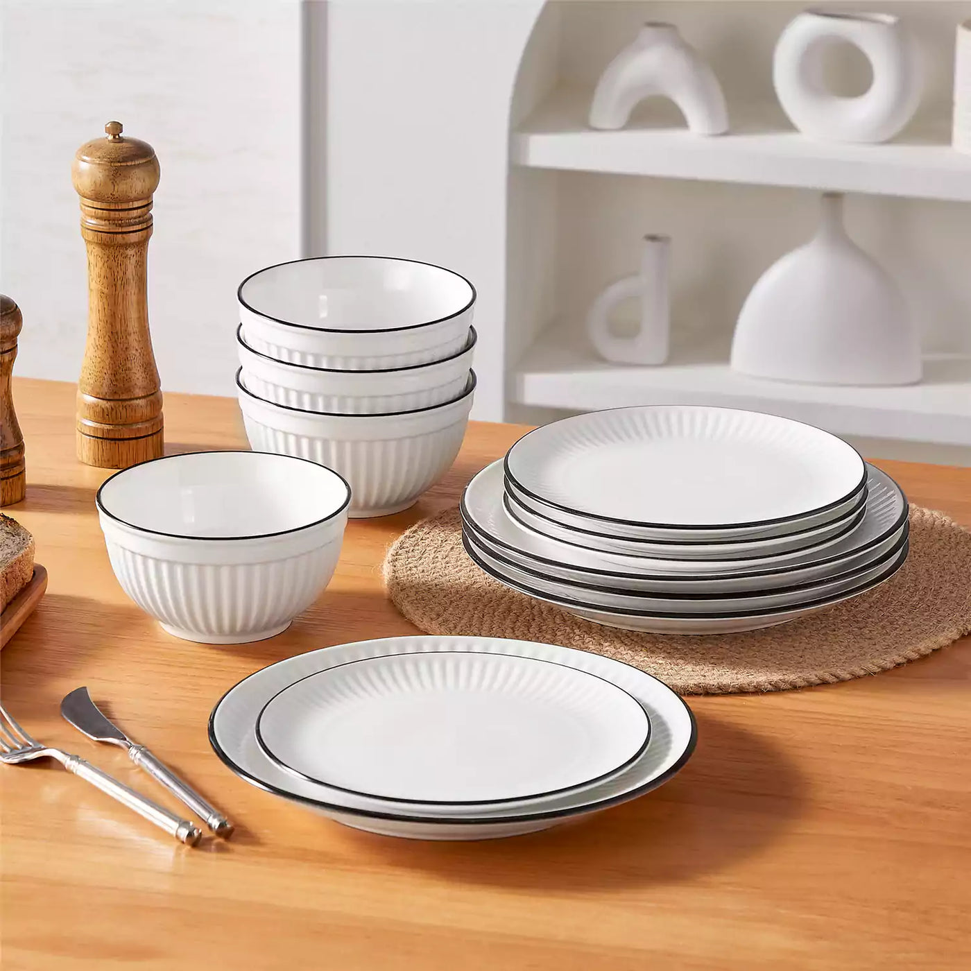 Leila Porcelain Dinnerware Set with Ribbed Design, 4-Person - Black Trim#color_black-trim