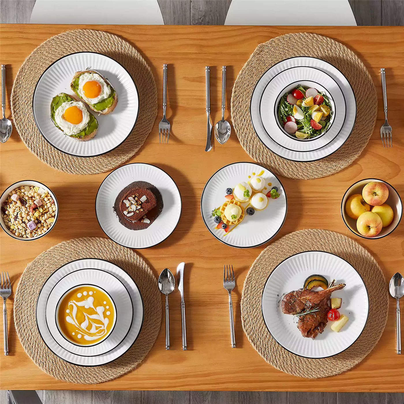 Leila Porcelain Dinnerware Set with Ribbed Design, 4-Person - Black Trim#color_black-trim