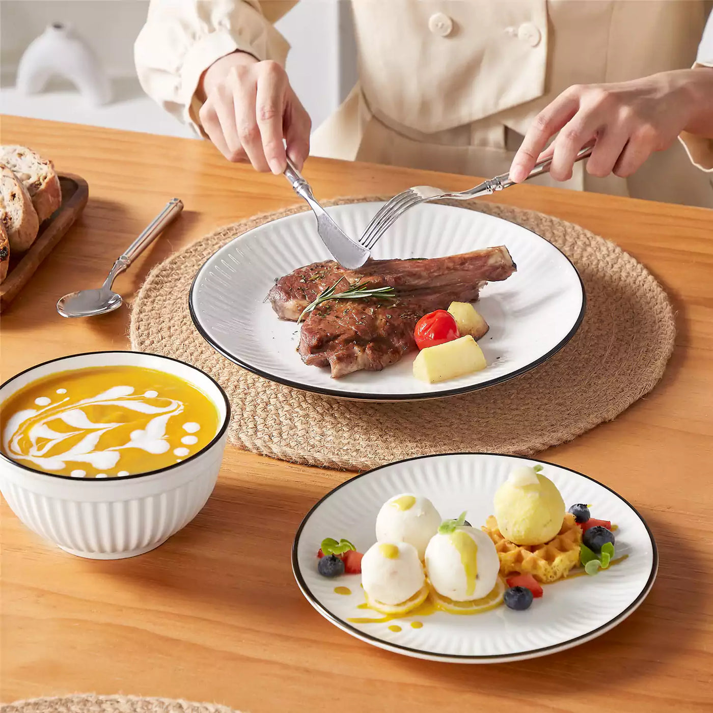 Leila Porcelain Dinnerware Set with Ribbed Design, 4-Person - Black Trim#color_black-trim