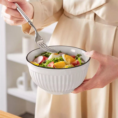 Leila Porcelain Dinnerware Set with Ribbed Design, 4-Person - Black Trim#color_black-trim