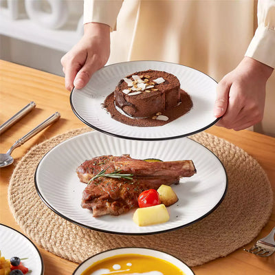 Leila Porcelain Dinnerware Set with Ribbed Design, 4-Person - Black Trim#color_black-trim