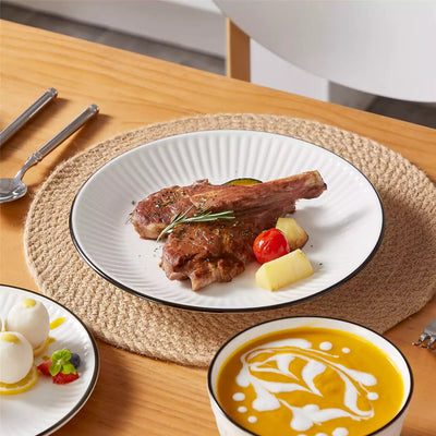 Leila Porcelain Dinnerware Set with Ribbed Design, 4-Person - Black Trim#color_black-trim