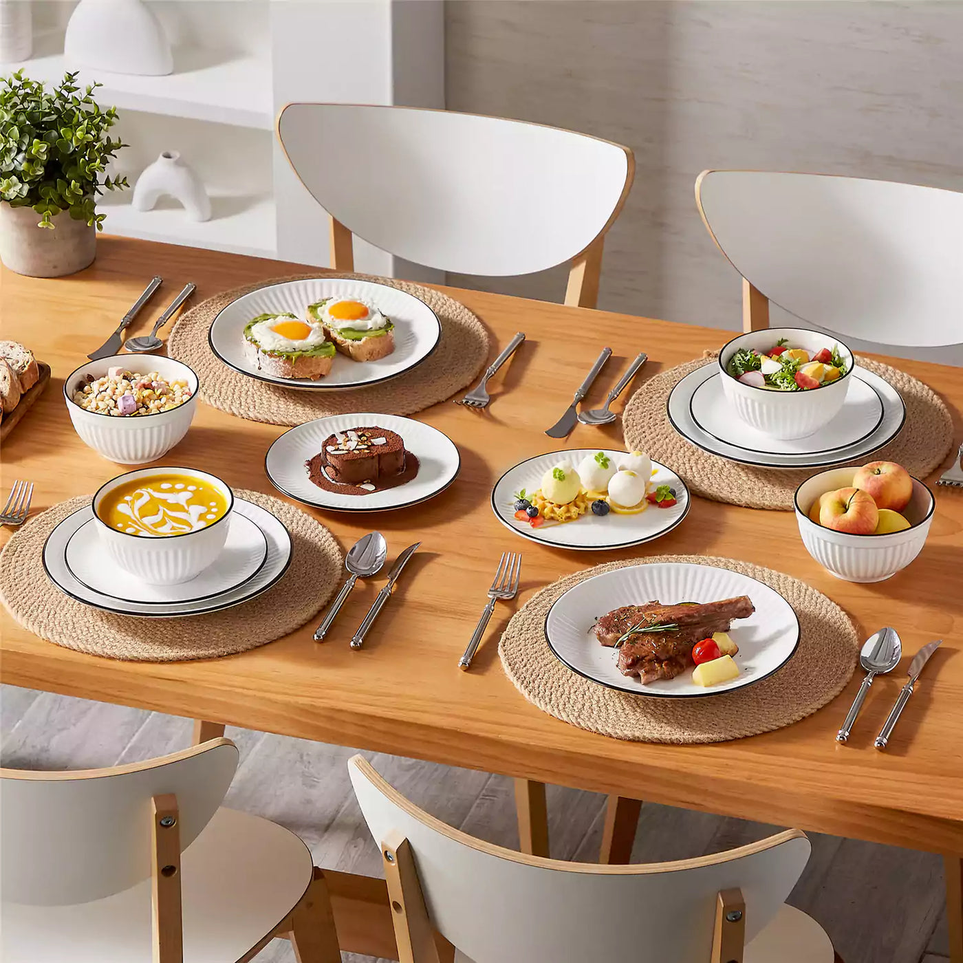 Leila Porcelain Dinnerware Set with Ribbed Design, 4-Person - Black Trim#color_black-trim