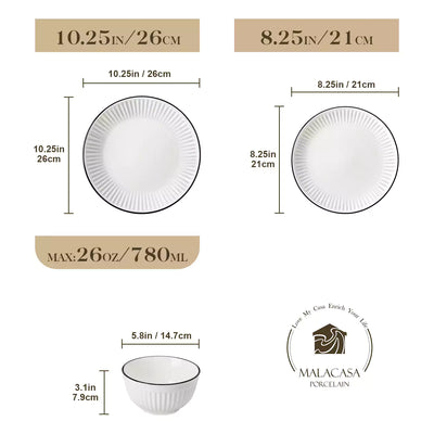 Leila Porcelain Dinnerware Set with Ribbed Design, 4-Person - Black Trim#color_black-trim
