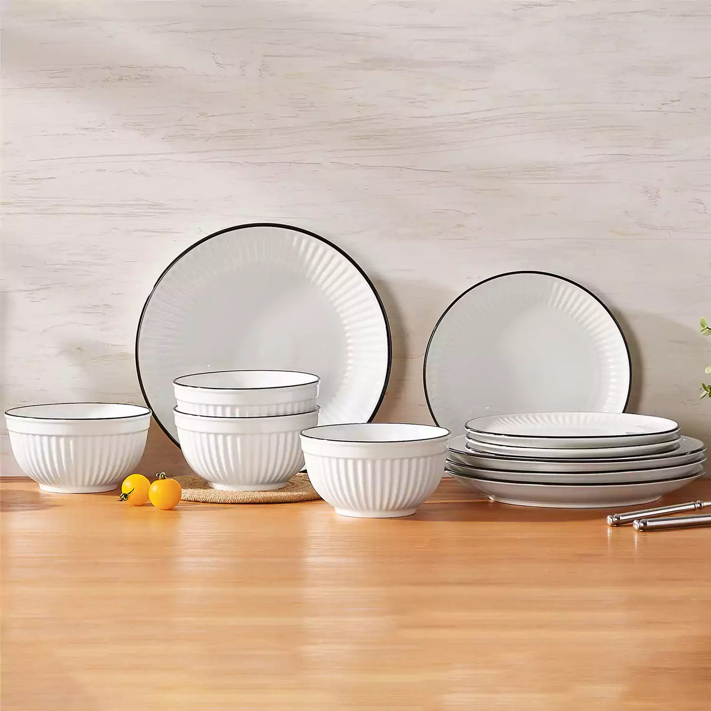 Leila Porcelain Dinnerware Set with Ribbed Design, 4-Person - Black Trim#color_black-trim