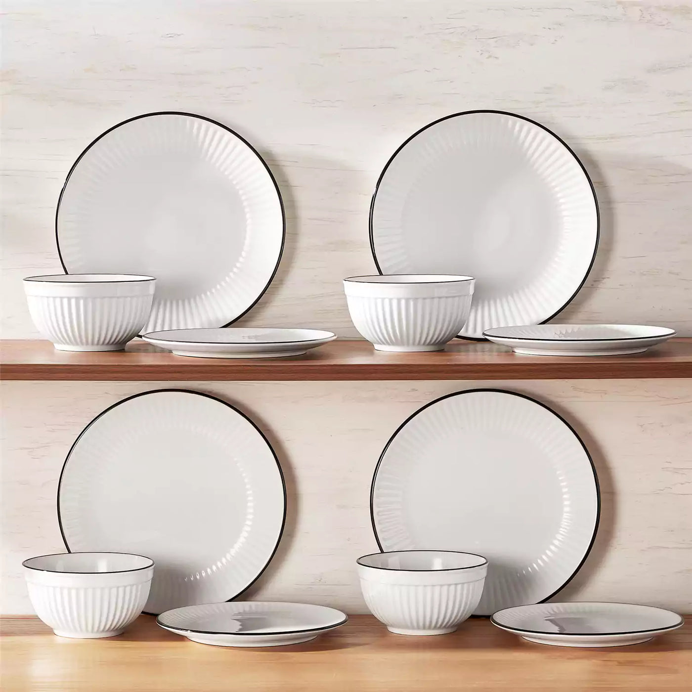 Leila Porcelain Dinnerware Set with Ribbed Design, 4-Person - Black Trim#color_black-trim