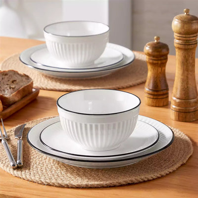 Leila Porcelain Dinnerware Set with Ribbed Design, 4-Person - Black Trim#color_black-trim