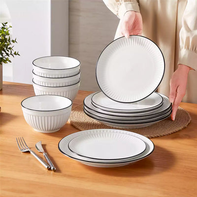 Leila Porcelain Dinnerware Set with Ribbed Design, 4-Person - Black Trim#color_black-trim
