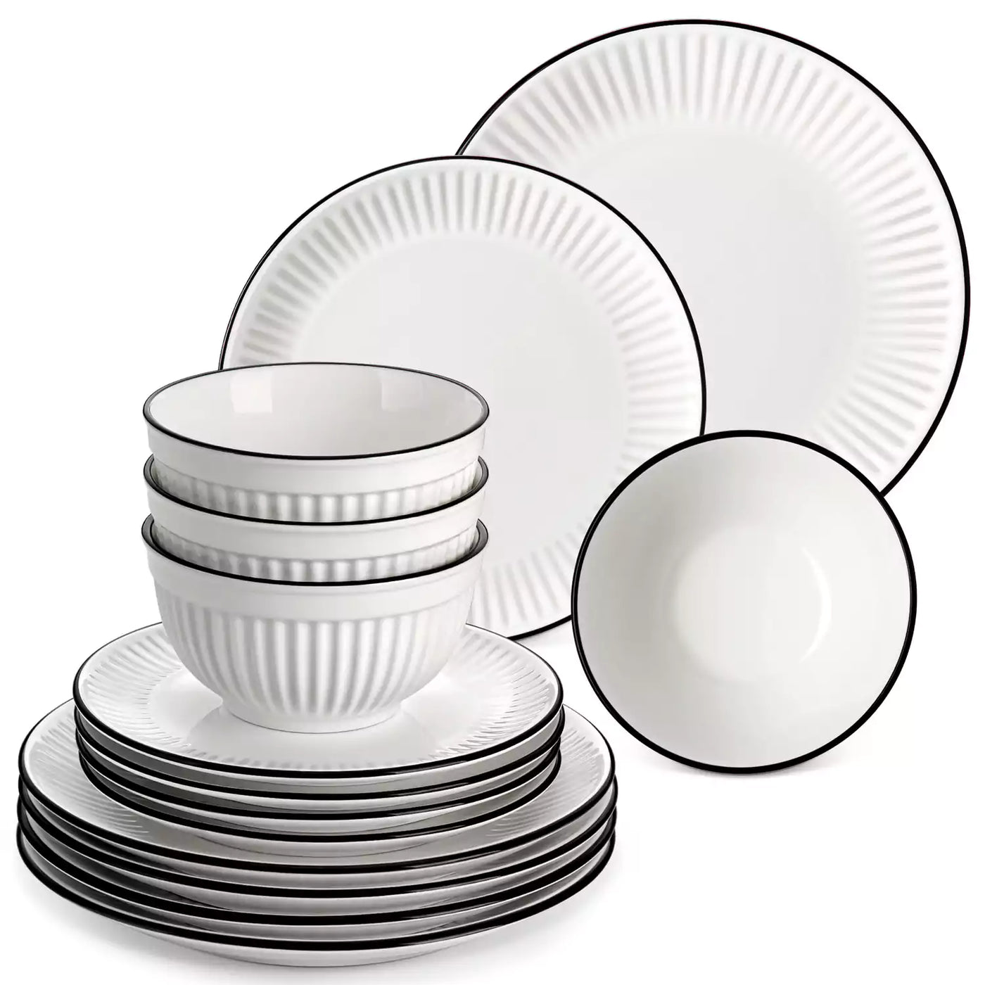 Leila Porcelain Dinnerware Set with Ribbed Design, 4-Person - Black Trim#color_black-trim