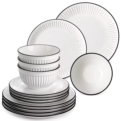 Leila Porcelain Dinnerware Set with Ribbed Design, 4-Person - Black Trim#color_black-trim