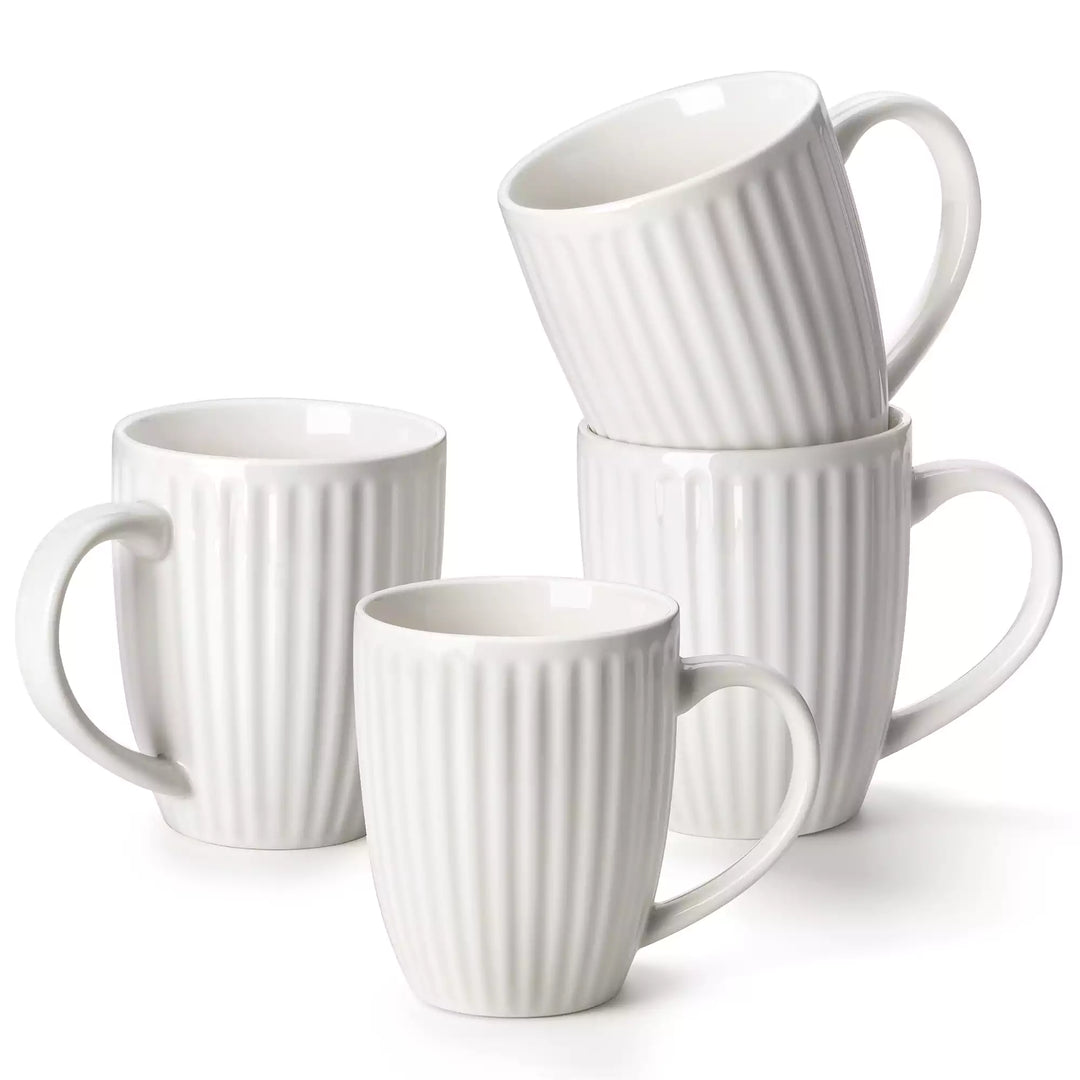 Leila Ivory Ribbed Mug Set (4) - Porcelain Coffee Mugs, 12oz & 16oz