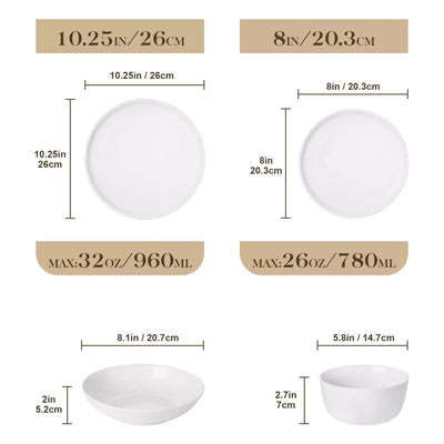 LEXI off-white porcelain dinnerware set including arc-shaped plates with lifted rims and deep rounded bowls#color_white