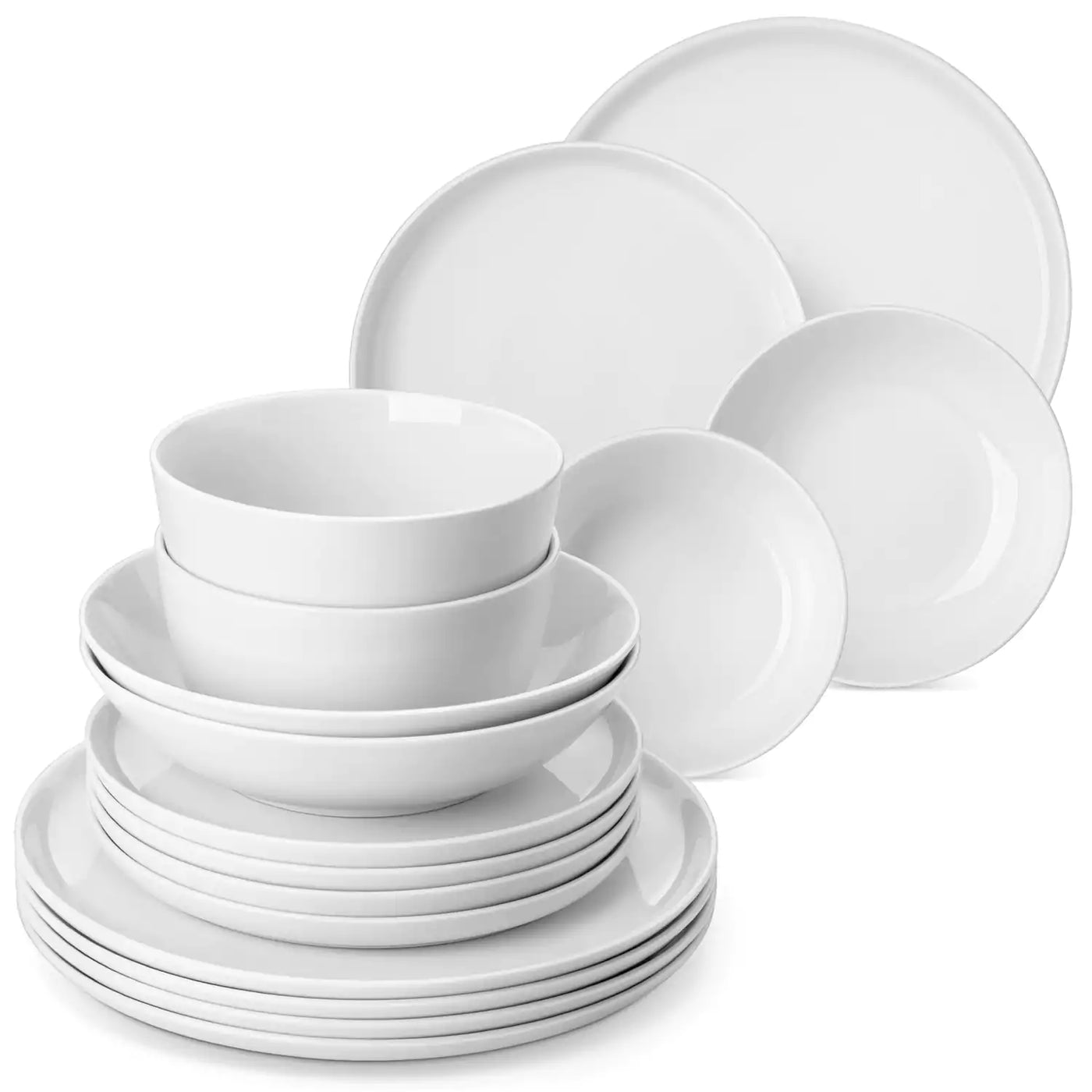 LEXI off-white porcelain dinnerware set including arc-shaped plates with lifted rims and deep rounded bowls#color_white