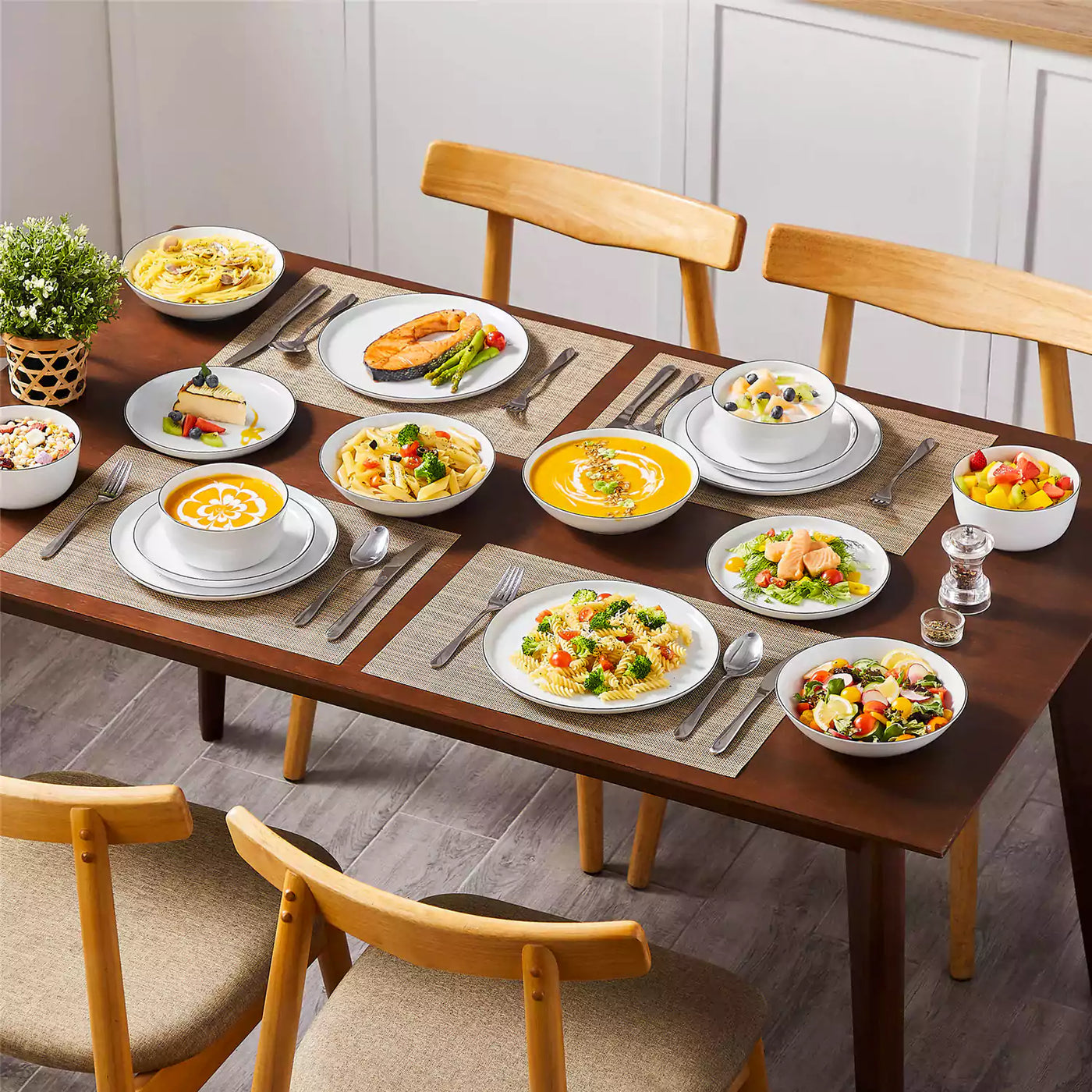 LEXI off-white porcelain dinnerware set including arc-shaped plates with lifted rims and deep rounded bowls#color_black-trim