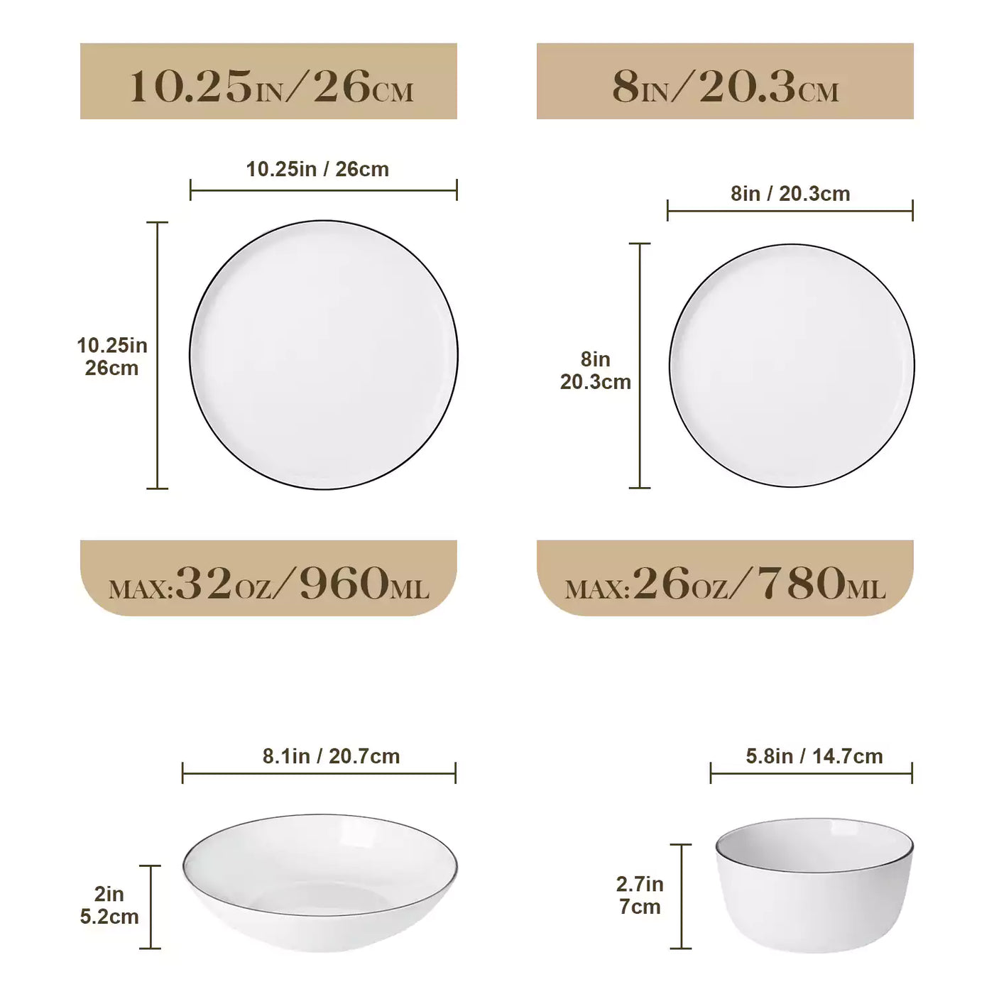 LEXI off-white porcelain dinnerware set including arc-shaped plates with lifted rims and deep rounded bowls#color_black-trim